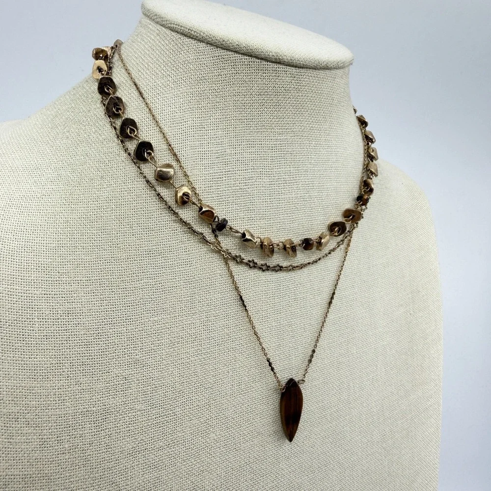 Gold Tone Brown Marquise Pendant Multi Strand Necklace Boho Statement Jewelry